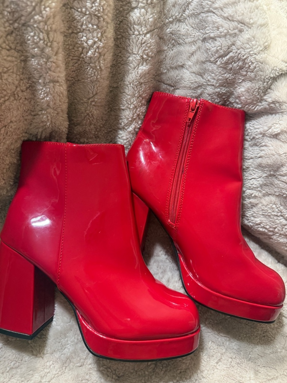 Red Patent Platform Ankle Boots - Women's Fashion Booties